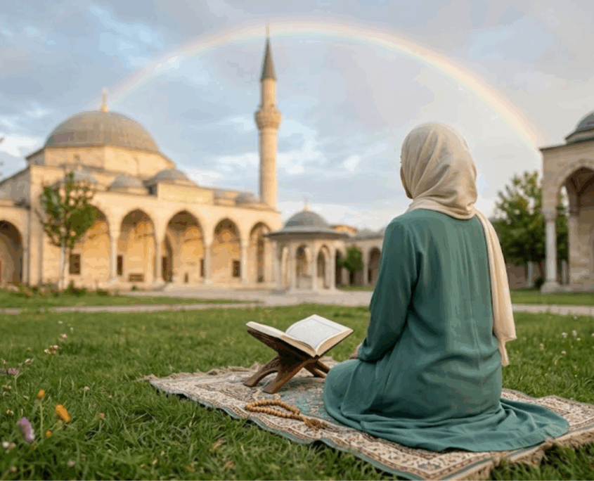 Seorang Muslimah duduk di halaman masjid sambil menatap pelangi.